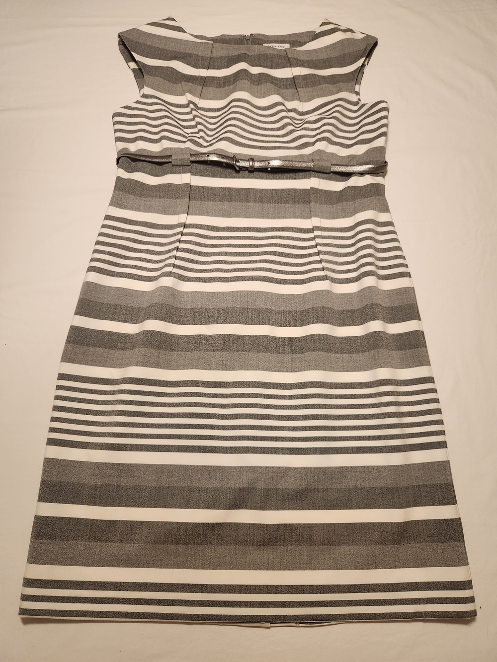 Calvin Klein Gray White Striped Belted Fit & Flare Dress Lined Sz 14